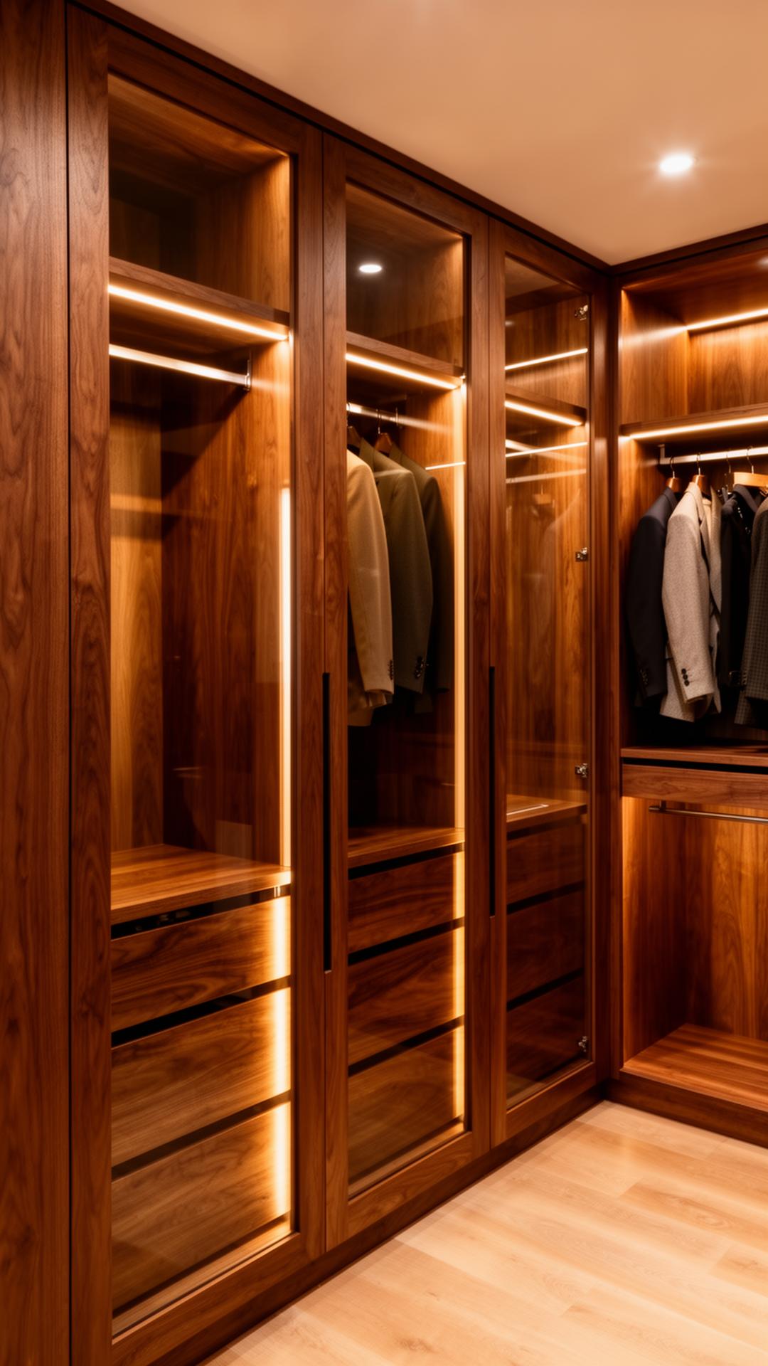 Backlit walnut wardrobe